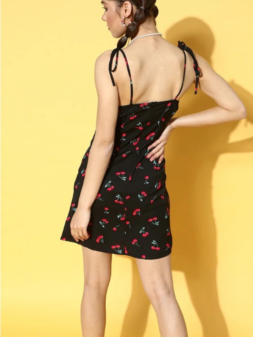 Black Cherry Print Tie-Strap Mini Dress Women’s Size S - Picture 2 of 13